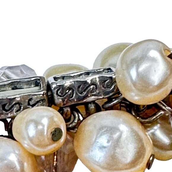Simulated Pearl & Faceted Glass Bead Bracelet Stretch EUC Boho Bohemian Elegant - Picture 6 of 10